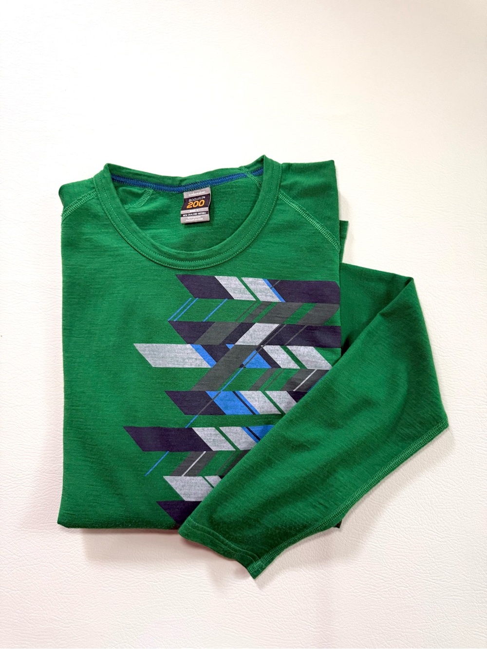 Icebreaker Merino Wool 200 Green Geometric Long Sleeve Base Layer Shirt - Large